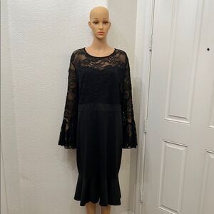 Hanna Nicole Dress Sz 20W Black Ruffled Tiered Gown Floral Lace Long Bell Sleeve